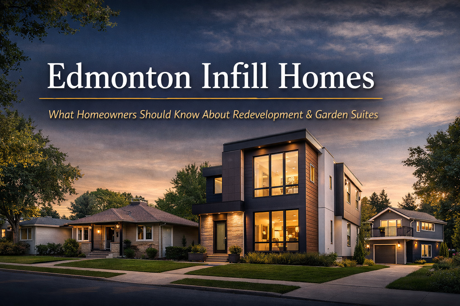 Modern infill homes in Edmonton neighbourhood showing redevelopment and garden suite housing